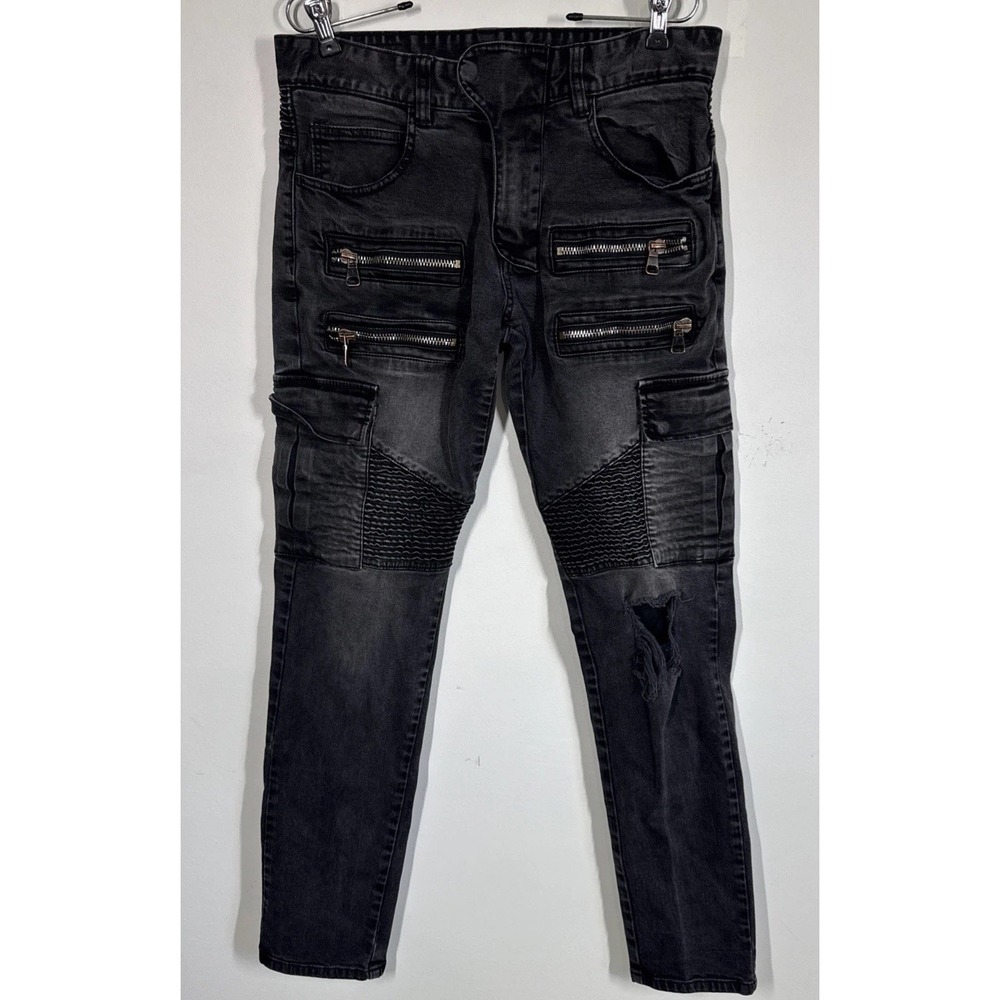 Balmain Paris Slim Fit Black Moto Jeans Men's  32 Distressed Streetwear Hiphop